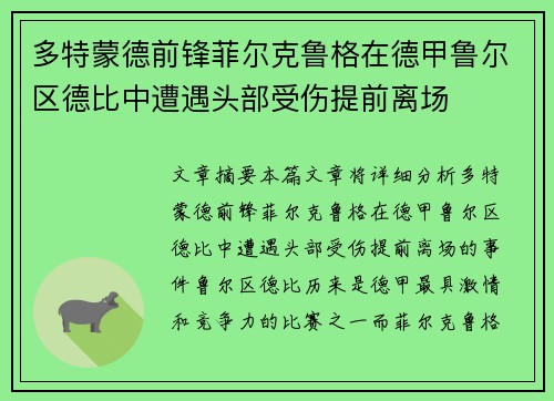 多特蒙德前锋菲尔克鲁格在德甲鲁尔区德比中遭遇头部受伤提前离场